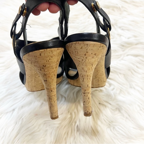 Via Spiga Black Leather Open Toe Cork Heel Onitta Sandals Women’s Size 6.5 - Picture 6 of 10